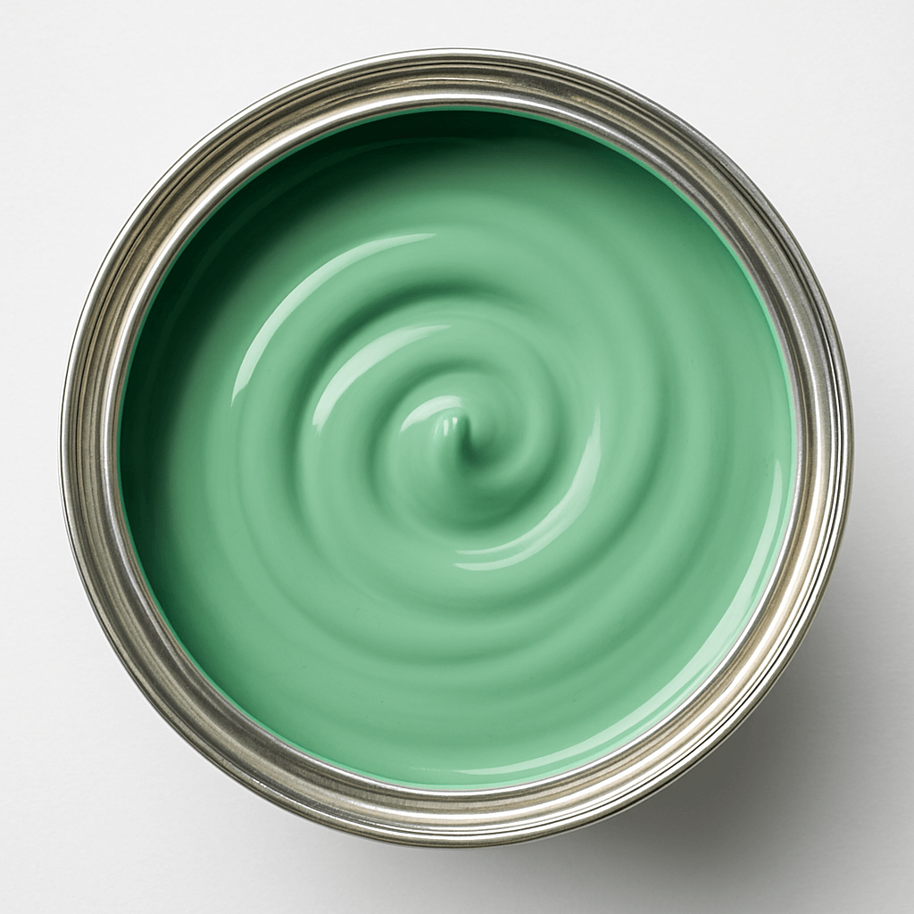 Open pot verf met warme groene kleur en elegante swirl, gezien van bovenaf.