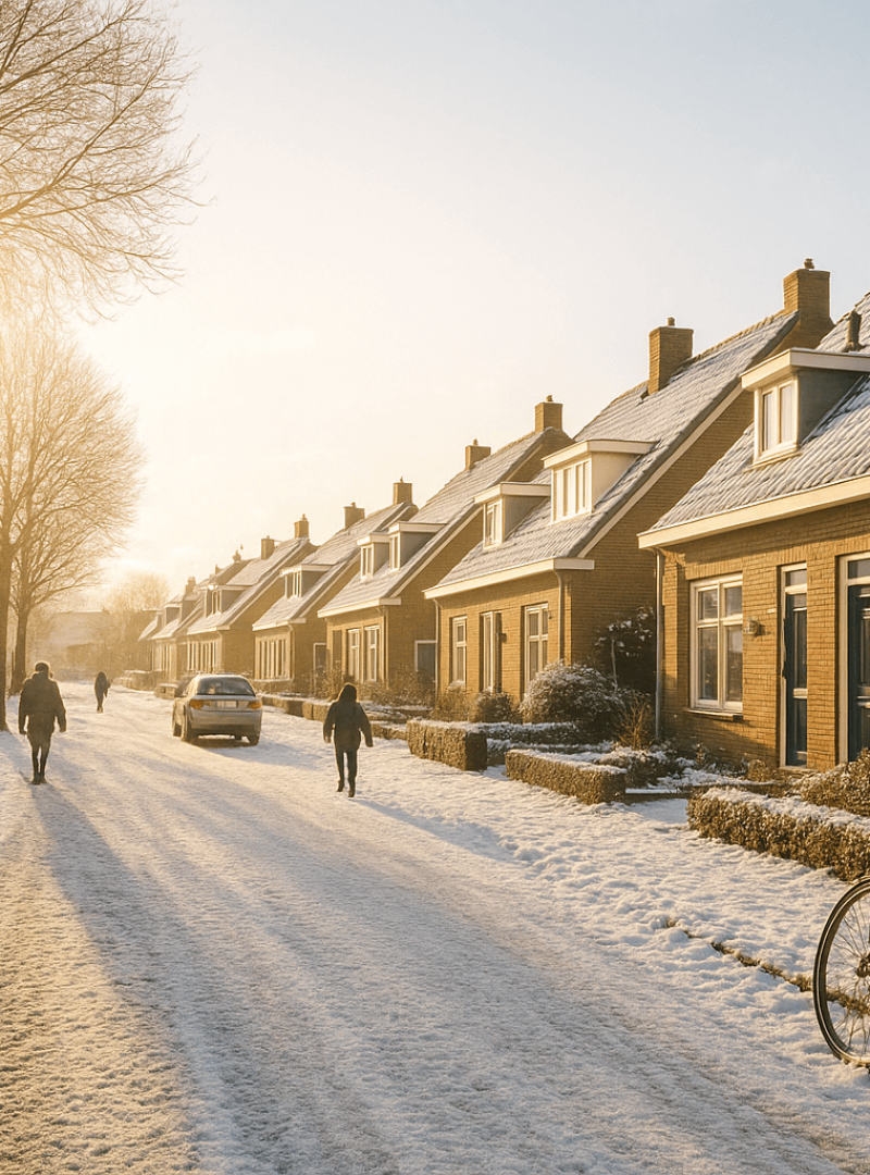 Winters straatbeeld in een Nederlandse woonwijk met sneeuw, rijtjeshuizen, wandelaars, auto en fiets – perfect moment voor binnenschilderwerk door een winterschilder.